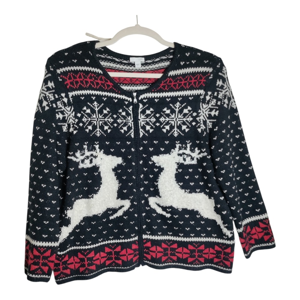 J. Jill Womens Navy Blue Reindeer‎ Fair Isle Wool Blend Zip Cardigan Sweater L